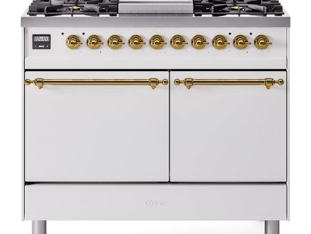 Ilve UPD40FQNMPWHG Nostalgie Ii 40 Inch Dual Fuel Natural Gas Freestanding Range In White With Brass Trim Sale