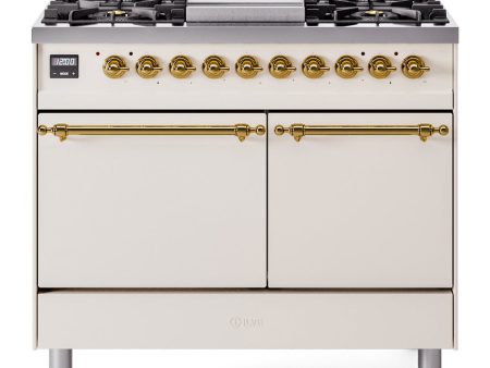 Ilve UPD40FQNMPAWG Nostalgie Ii 40 Inch Dual Fuel Natural Gas Freestanding Range In Antique White With Brass Trim on Sale