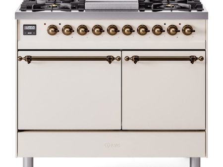 Ilve UPD40FQNMPAWB Nostalgie Ii 40 Inch Dual Fuel Natural Gas Freestanding Range In Antique White With Bronze Trim Cheap