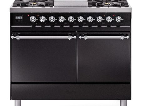 Ilve UPD40FQNMPBKC Nostalgie Ii 40 Inch Dual Fuel Natural Gas Freestanding Range In Glossy Black With Chrome Trim For Cheap