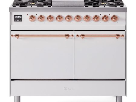 Ilve UPD40FQNMPWHPLP Nostalgie Ii 40 Inch Dual Fuel Liquid Propane Freestanding Range In White With Copper Trim Online Sale