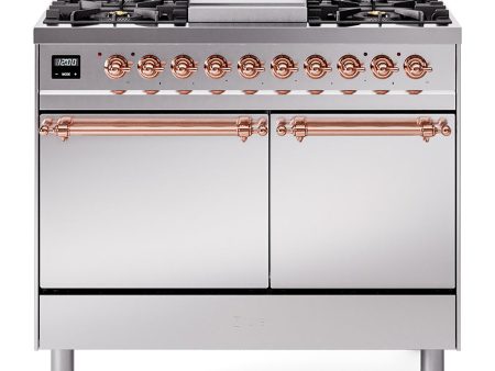 Ilve UPD40FQNMPSSP Nostalgie Ii 40 Inch Dual Fuel Natural Gas Freestanding Range In Stainless Steel With Copper Trim Sale