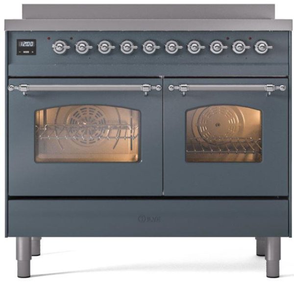 Ilve UPDI406NMPBGC Nostalgie Ii 40 Inch Electric Freestanding Range In Blue Grey With Chrome Trim on Sale