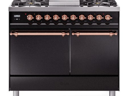 Ilve UPD40FQNMPBKPLP Nostalgie Ii 40 Inch Dual Fuel Liquid Propane Freestanding Range In Glossy Black With Copper Trim Online Sale