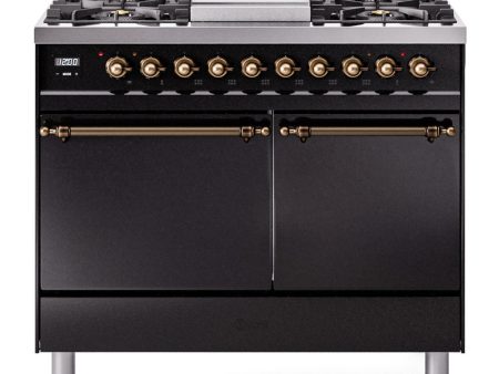 Ilve UPD40FQNMPBKB Nostalgie Ii 40 Inch Dual Fuel Natural Gas Freestanding Range In Glossy Black With Bronze Trim For Cheap