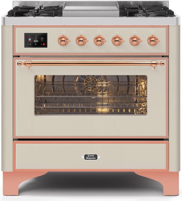 Ilve UM09FDNS3AWP Majestic Ii 36 Inch Dual Fuel Natural Gas Freestanding Range In Antique White With Copper Trim Fashion