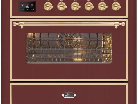 Ilve UM09FDNS3BUGLP Majestic Ii 36 Inch Dual Fuel Liquid Propane Freestanding Range In Burgundy With Brass Trim on Sale