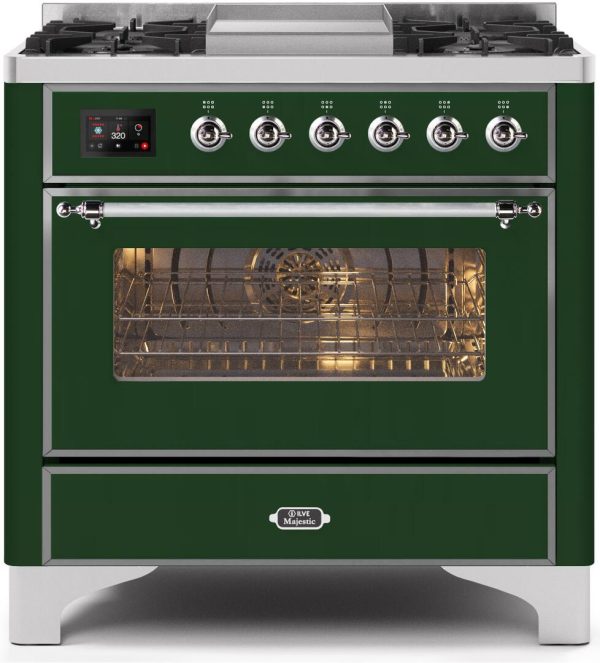 Ilve UM09FDNS3EGCLP Majestic Ii 36 Inch Dual Fuel Liquid Propane Freestanding Range In Emerald Green With Chrome Trim Hot on Sale