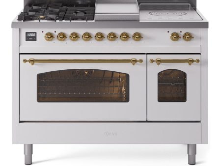 Ilve UP48FSNMPWHGLP Nostalgie Ii 48 Inch Dual Fuel Liquid Propane Freestanding Range In White With Brass Trim Hot on Sale